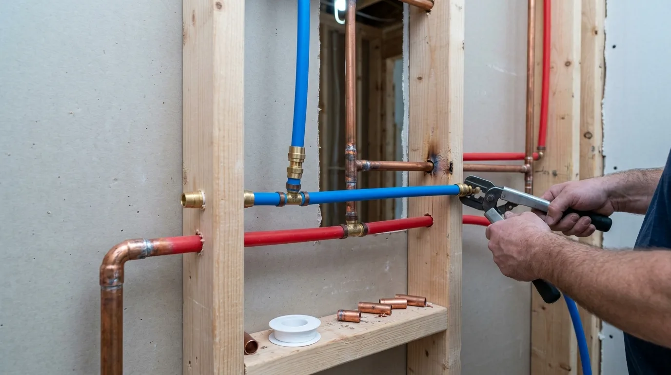 residential plumbing pipes and fittings in a wall cavity, copper and PEX tubing, construction context, cool ambient light