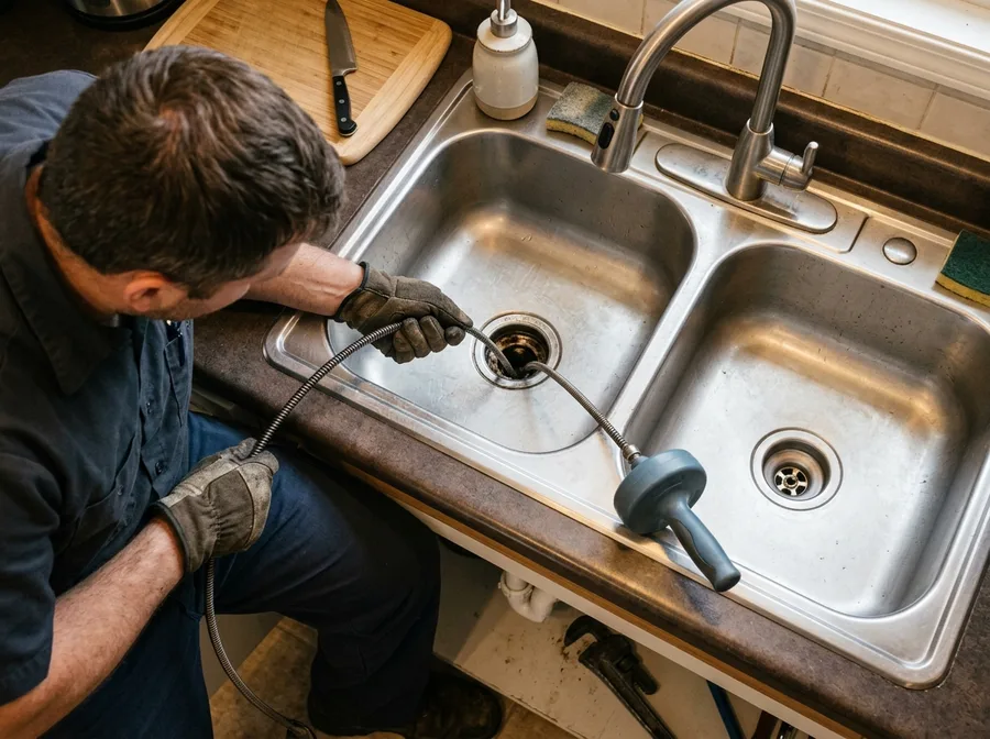 plumber using a drain snake in a clogged kitchen sink drain, overhead view, chrome drain fitting visible, warm kitchen light