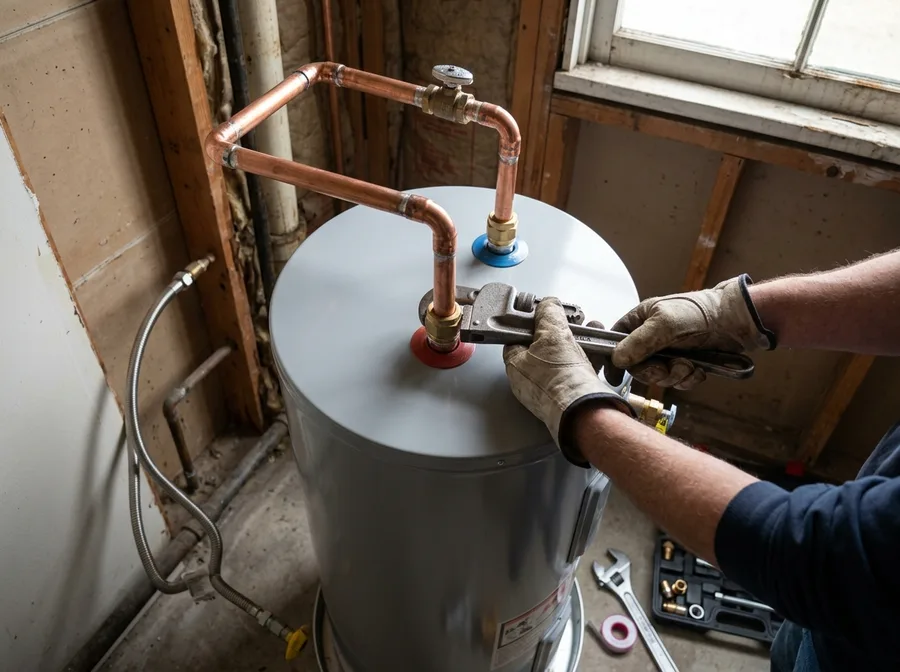 new water heater tank being connected with copper pipes in a utility room, wrench on fitting, natural light from a window