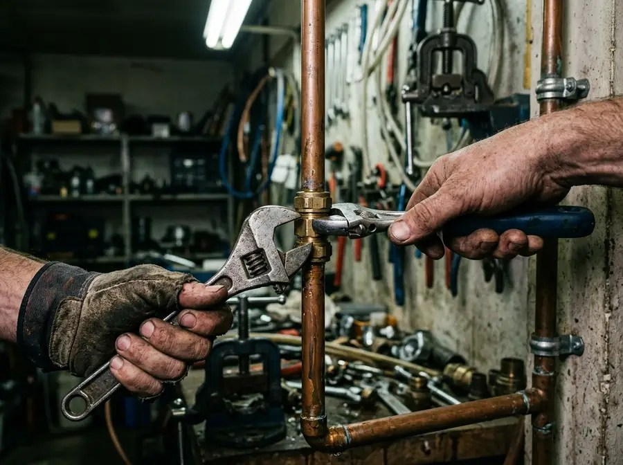 close-up of a plumber's hands tightening a compression fitting on a copper pipe to stop a leak, workshop lighting