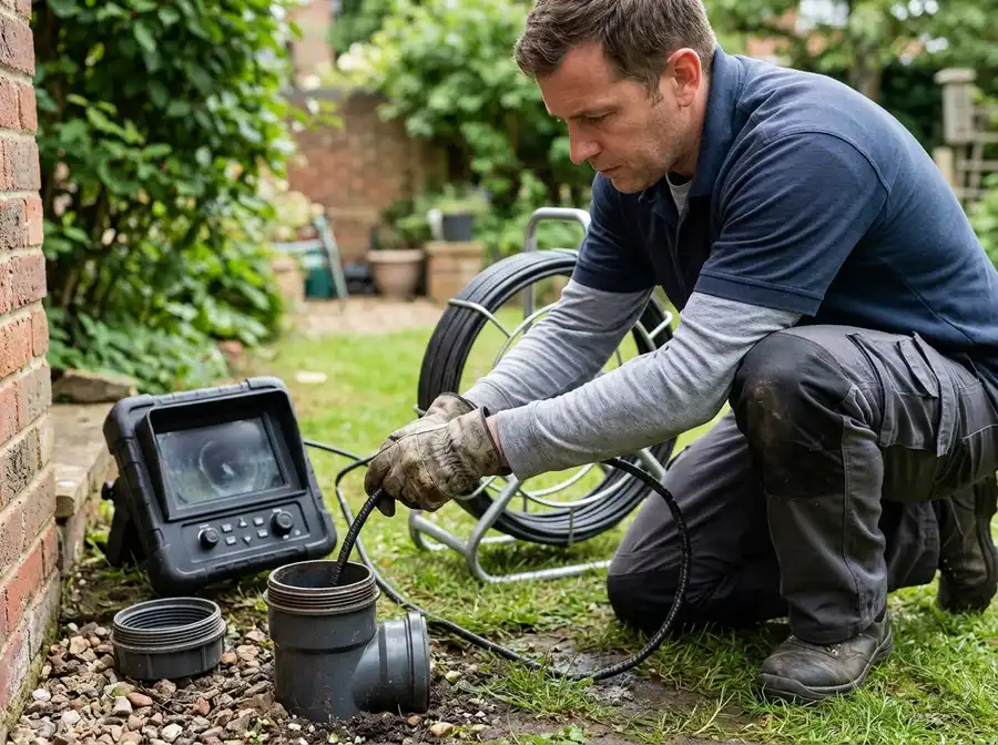 plumber feeding a camera inspection cable into a sewer cleanout pipe outside, backyard, daylight