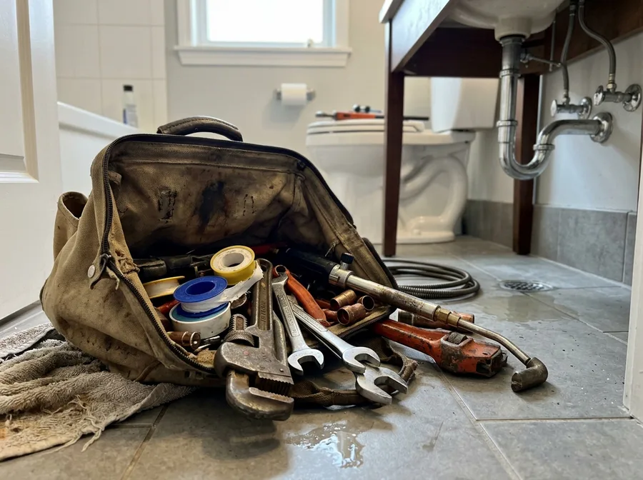 plumber's tool bag open on a bathroom floor with wrenches and tape, bathroom fixtures in background, urgent scene, mixed lighting