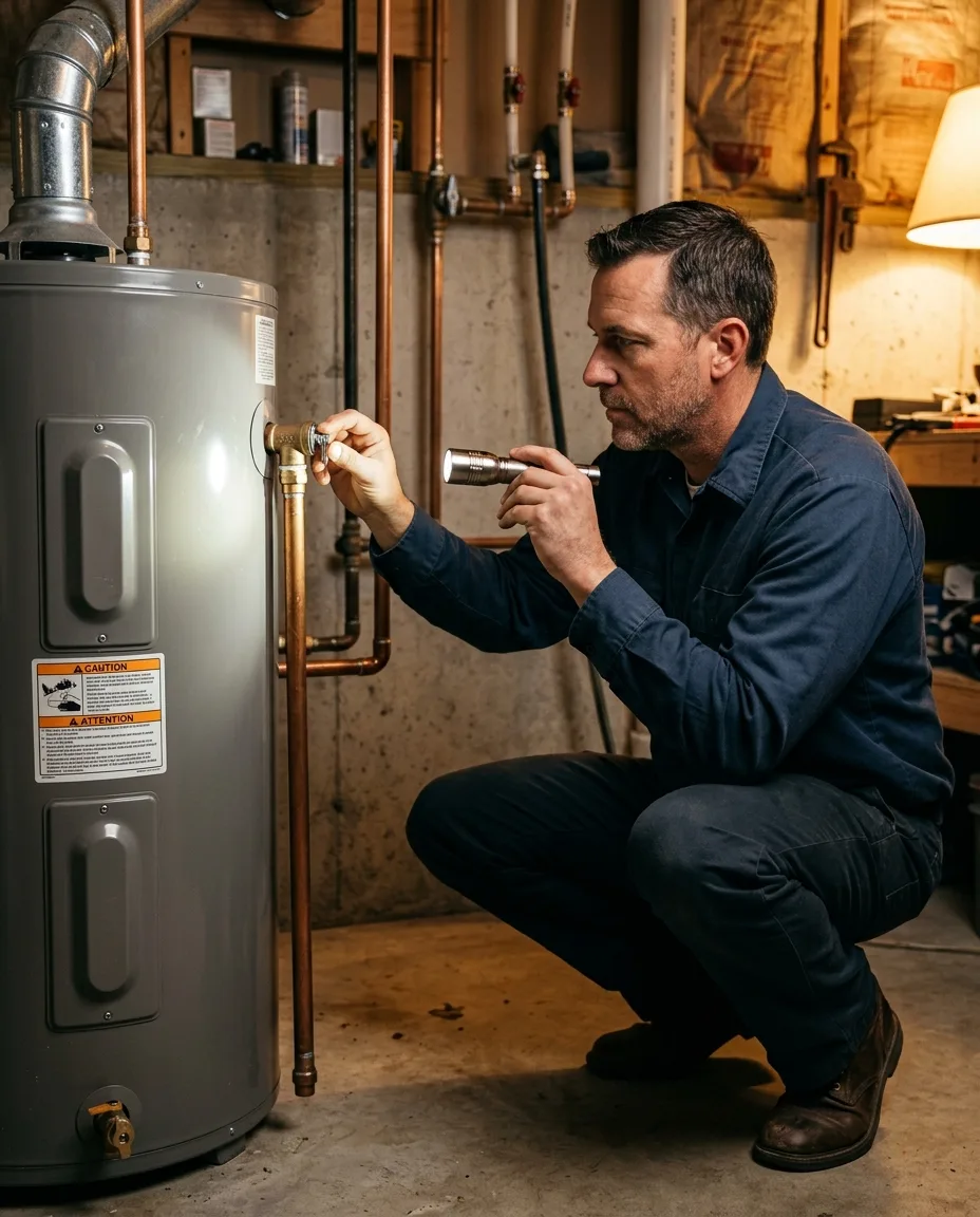 plumber inspecting a water heater pressure relief valve in a utility room, flashlight in hand, warm side-light, focused and attentive