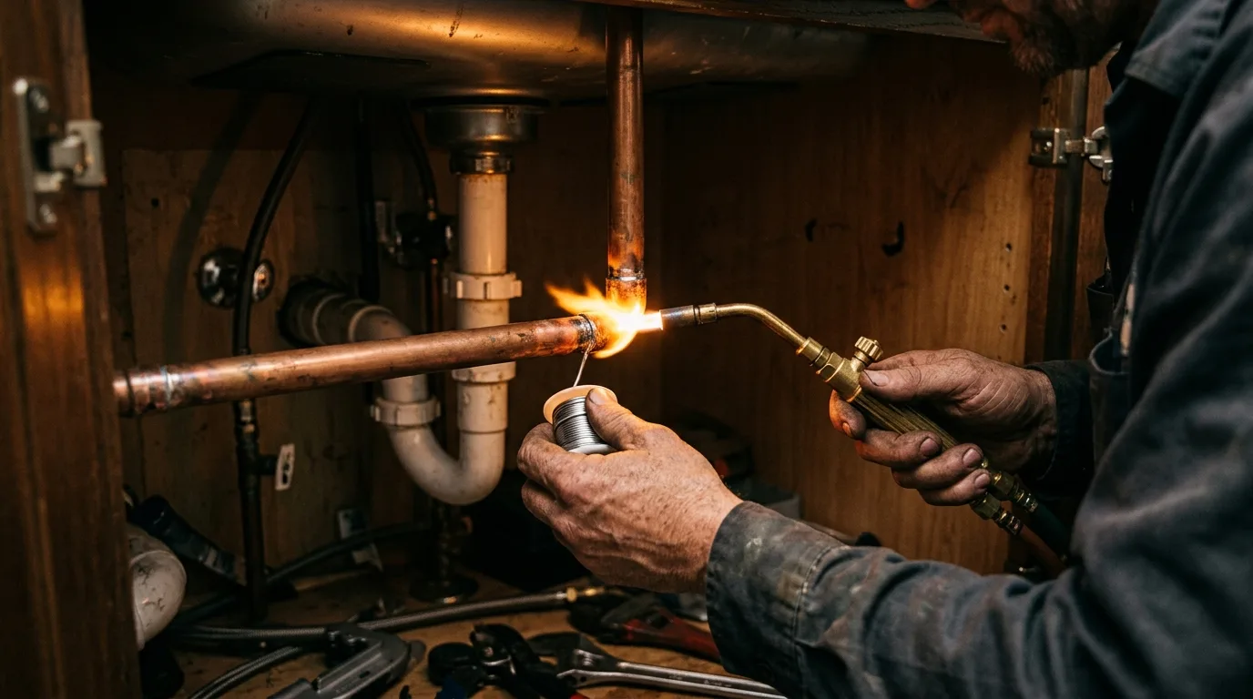 plumber soldering copper pipe joint under a sink, warm amber torch light, hands and fitting in sharp focus, dark utility cabinet background